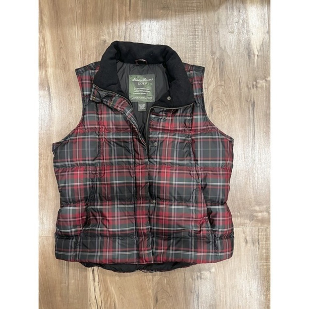 Eddie Bauer Vest Womens Large Quilted Goose Down‎ Plaid Puffer Full Zip VTG Y2K
